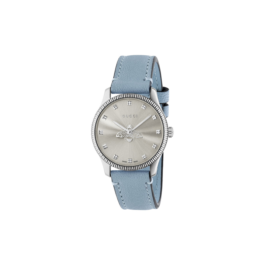 G-Timeless Slim 29mm steel case, silver sunbrushed dial with bee as seconds hand, light blue lambskin strap YA1265039