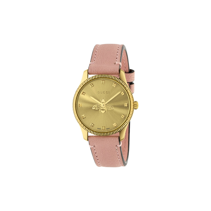 G-Timeless Slim 29mm yellow gold PVD case, golden sunbrushed dial with bee as seconds hand, light pink lambskin strap YA1265041