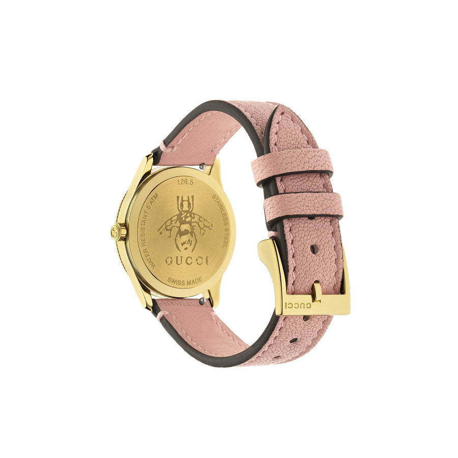 G-Timeless Slim 29mm yellow gold PVD case, golden sunbrushed dial with bee as seconds hand, light pink lambskin strap YA1265041