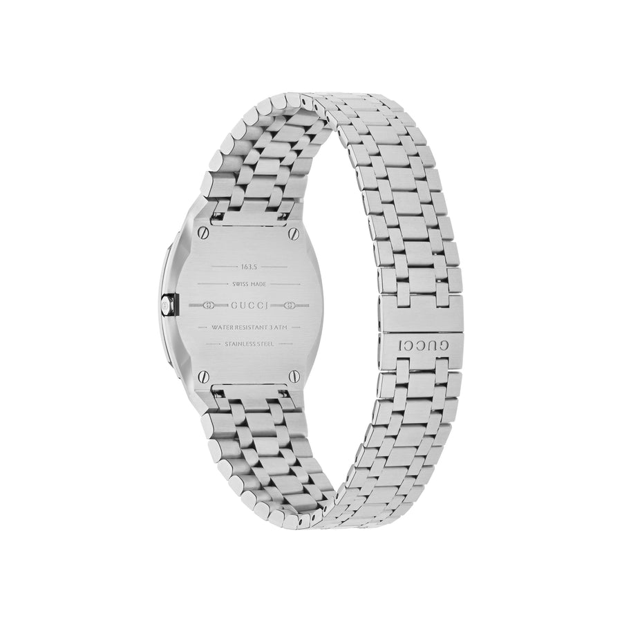 Gucci 25H 30mm stainless steel multi layered case, bezel set with diamonds, white brass dial with motif, five links stainless steel bracelet YA163503