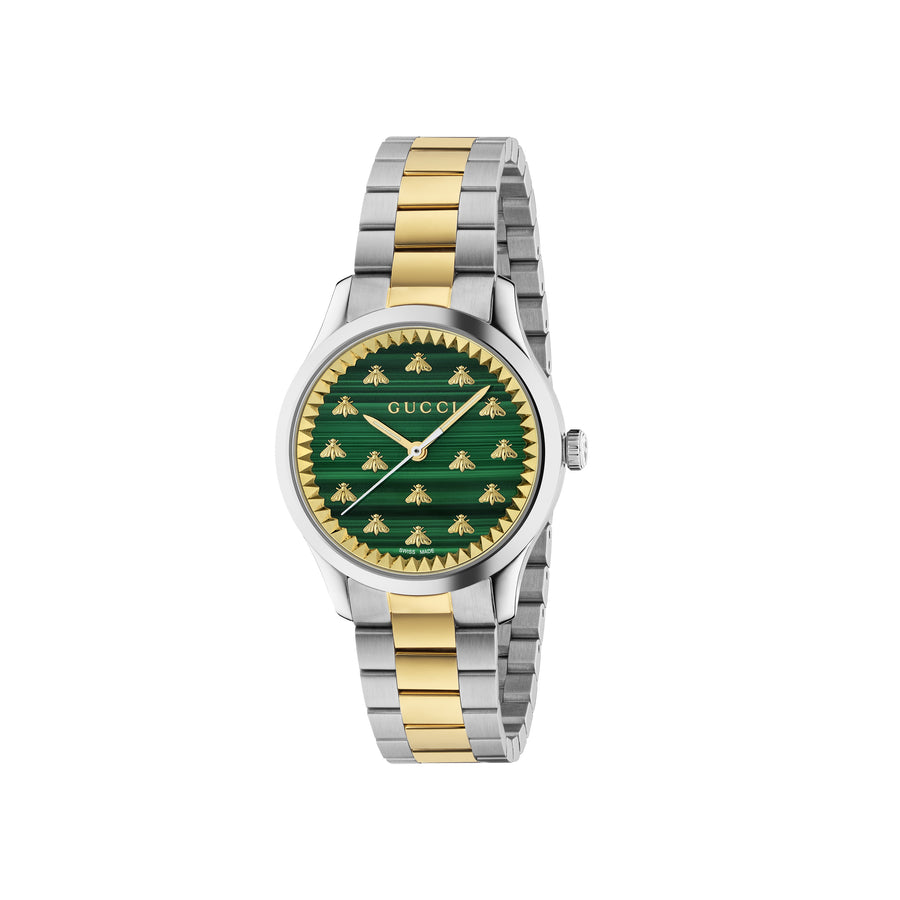 G-Timeless With Bee Motif 32 mm steel case, malachite stone dial with yellow gold plated bees, steel and 18kt yellow gold bracelet  YA1265042