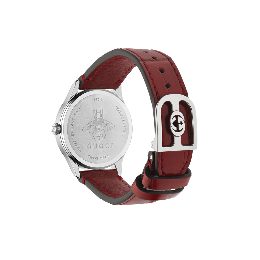 G-Timeless With Bee Motif 32mm steel case, silver sunbrushed dial with bees, red alligator leather bracelet YA1265057