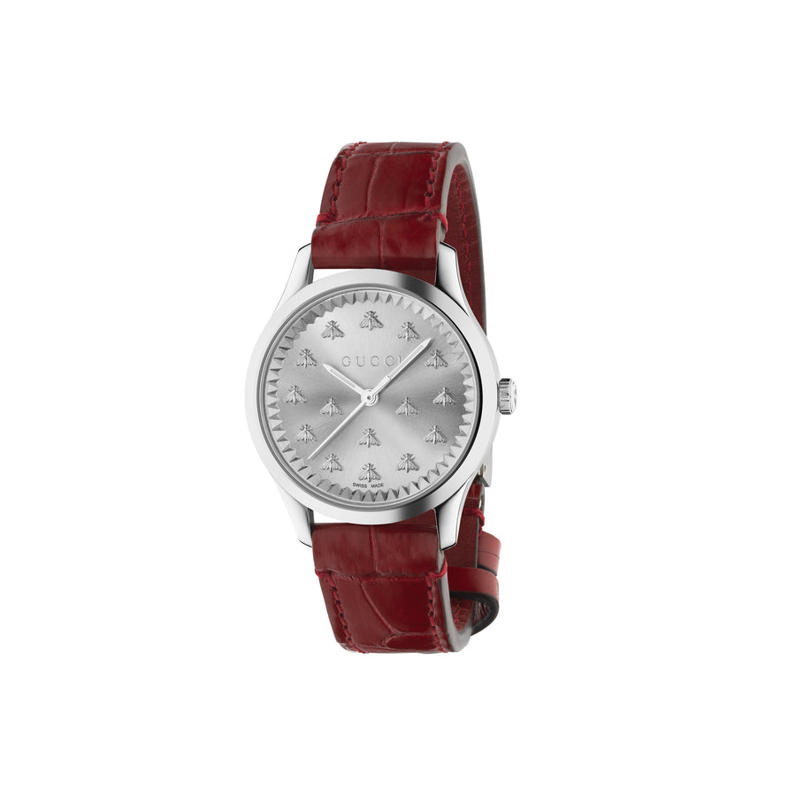 G-Timeless With Bee Motif 32mm steel case, silver sunbrushed dial with bees, red alligator leather bracelet YA1265057