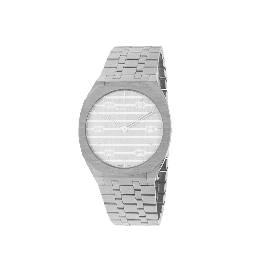 Gucci 25H 34mm stainless steel multi layered case, silver brass dial with GG, five links stainless steel bracelet YA163402