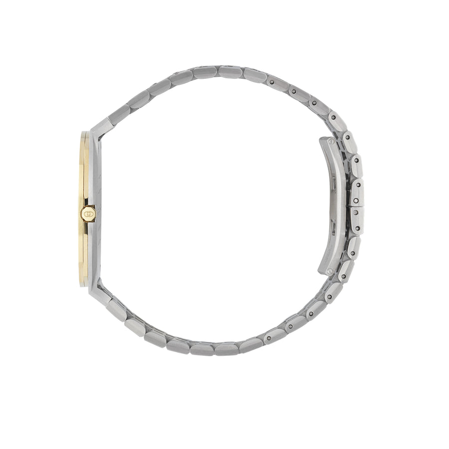 Gucci 25H 38mm stainless steel and 18 kt yellow gold plated multi layered case, golden brass dial with GG, five links stainless steel bracelet YA163405