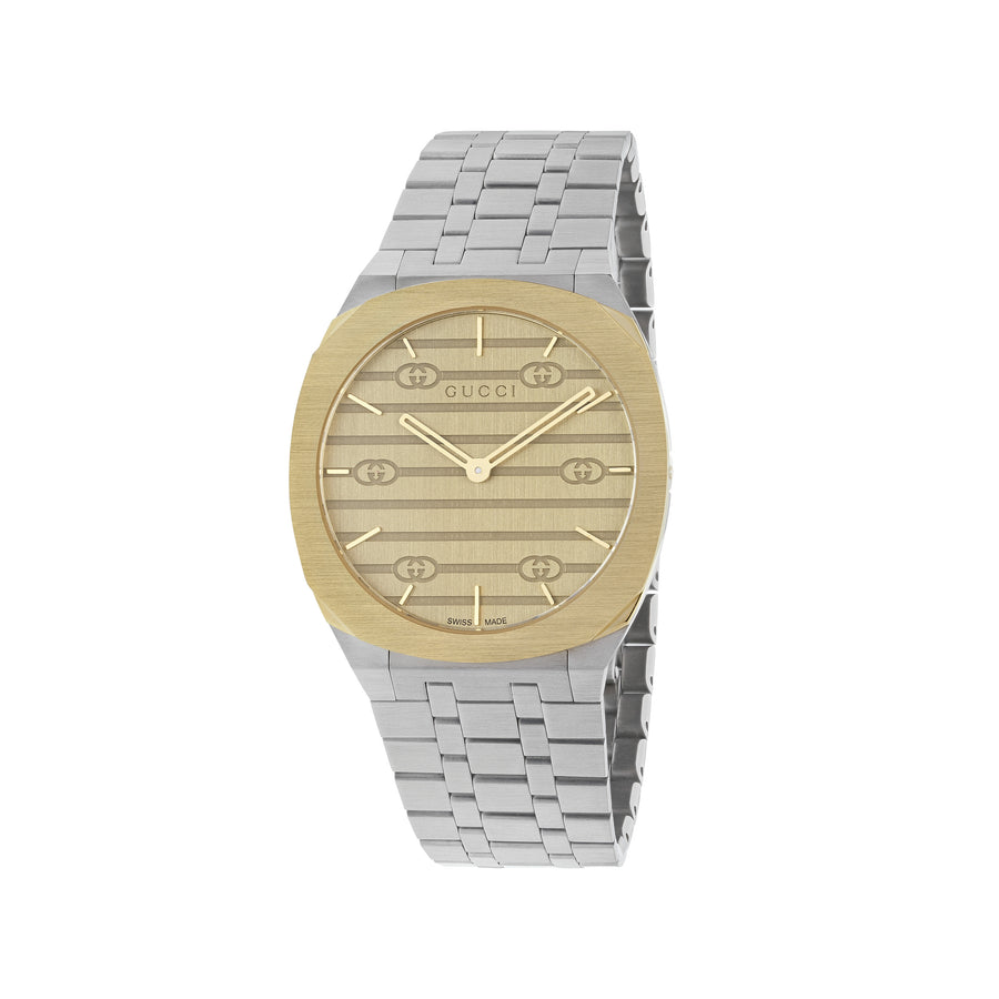 Gucci 25H 38mm stainless steel and 18 kt yellow gold plated multi layered case, golden brass dial with GG, five links stainless steel bracelet YA163405