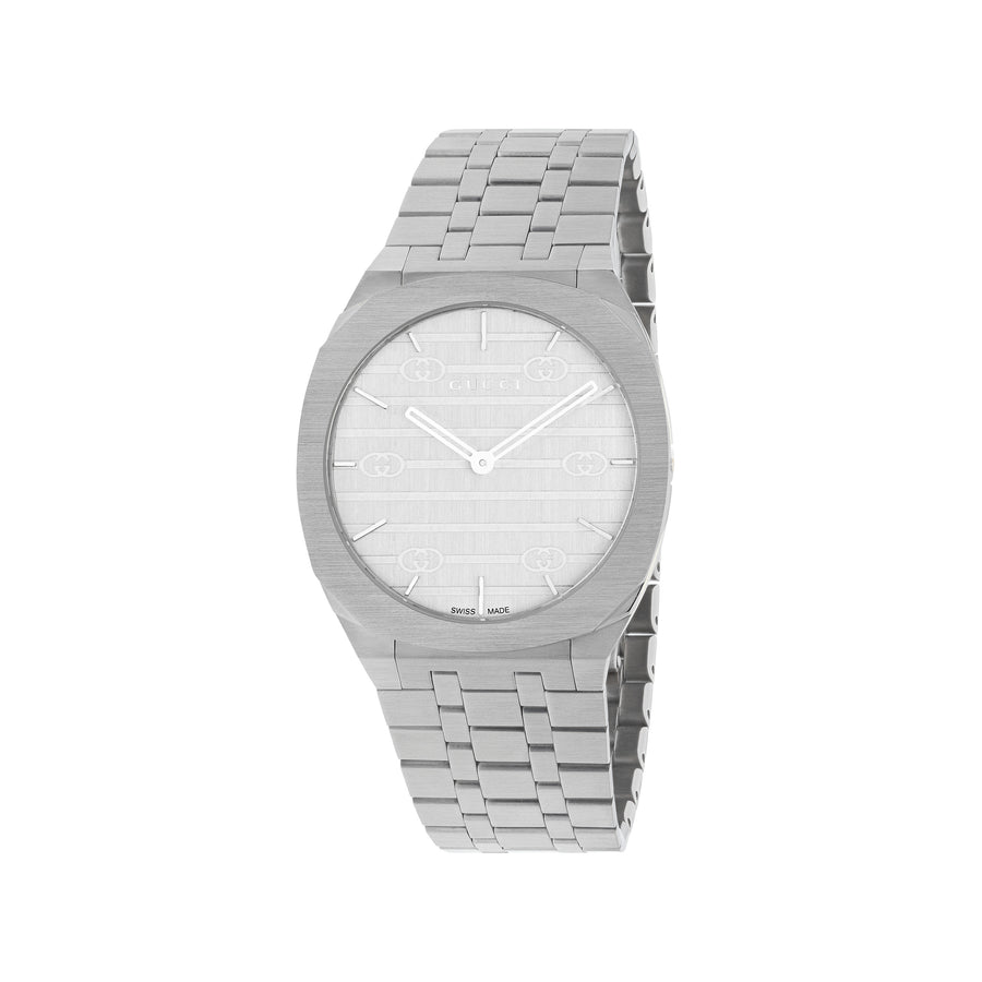 Gucci 25H 38mm stainless steel multi layered case, silver brass dial with GG, five links stainless steel bracelet YA163407