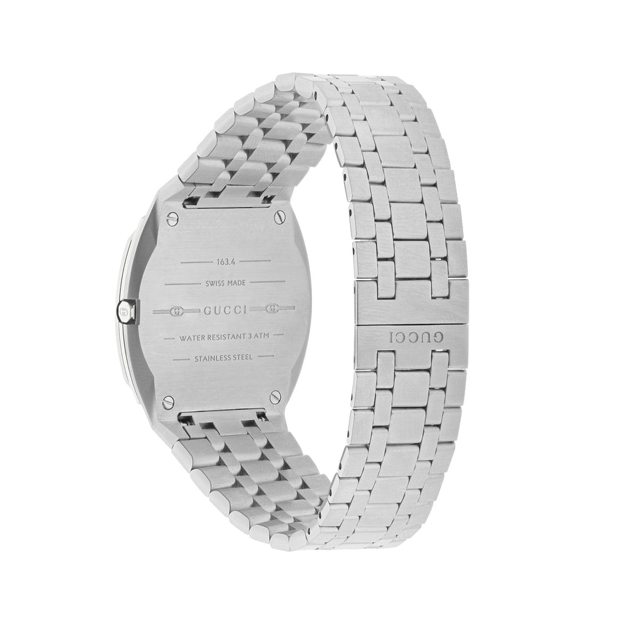 Gucci 25H 38mm stainless steel multi layered case, silver brass dial with GG, five links stainless steel bracelet YA163407