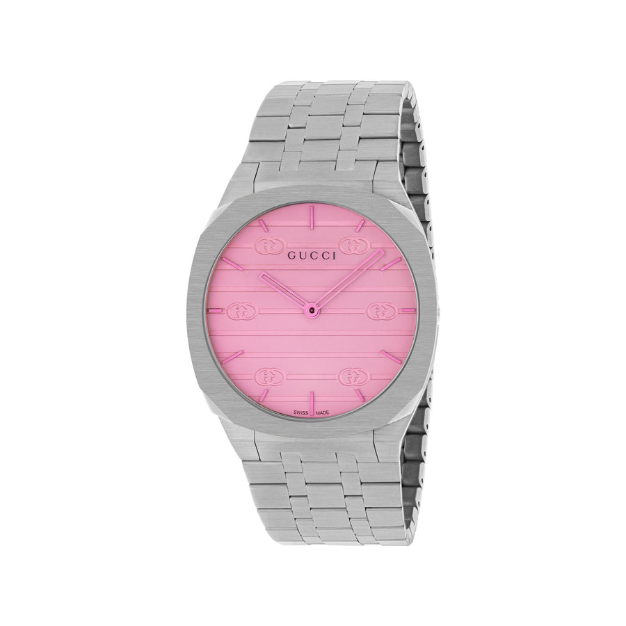 Gucci 25H 38mm stainless steel multi layered case, white dial with motif and pink colored glass, five links stainless steel bracelet YA163410