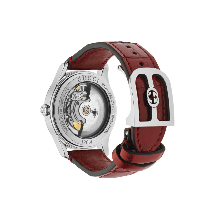 G-Timeless With Bee Motif 38mm steel case, silver sunbrushed dial with bees, red alligator leather bracelet YA1264218