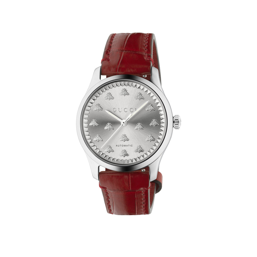 G-Timeless With Bee Motif 38mm steel case, silver sunbrushed dial with bees, red alligator leather bracelet YA1264218