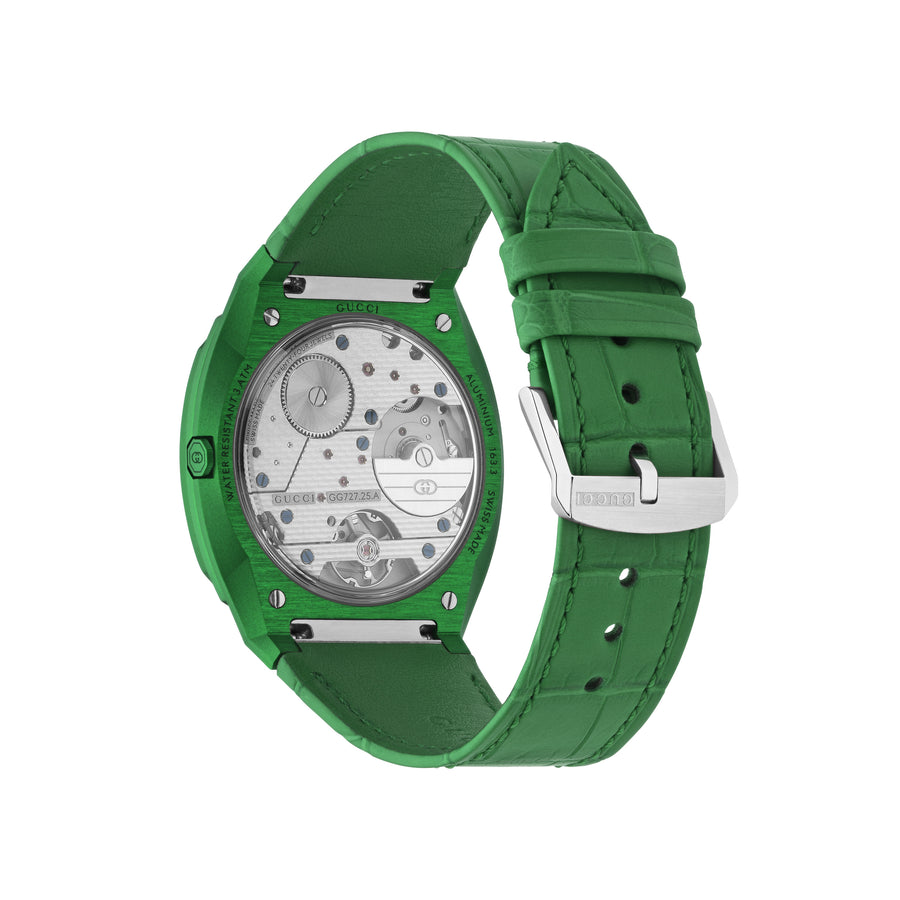 Gucci 25H 40 mm green aluminum multi layered case, green brass dial, five llinks green alligator leather bracelet  YA163325