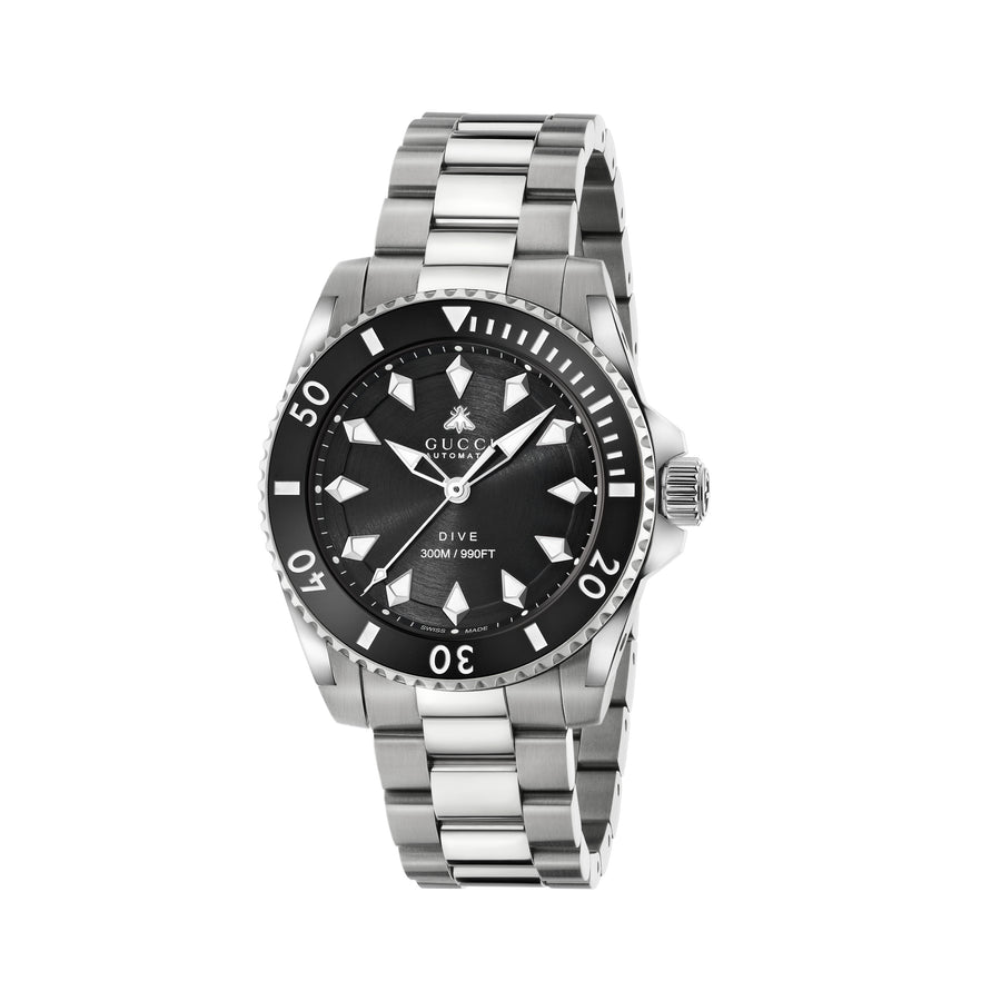 Gucci Dive 40 mm steel case, black dial, black ceramic bezel, steel bracelet, screw-down crown and case back YA136353