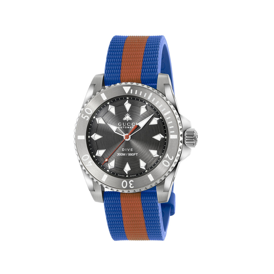 Gucci Dive 40 mm steel case, grey dial, sustainable polyester strap, screw-down crown and case back YA136352