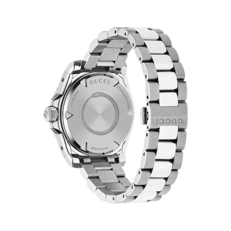 Gucci Dive 40 mm steel case, silver dial, grey bezel, steel bracelet, screw-down crown and case back YA136354