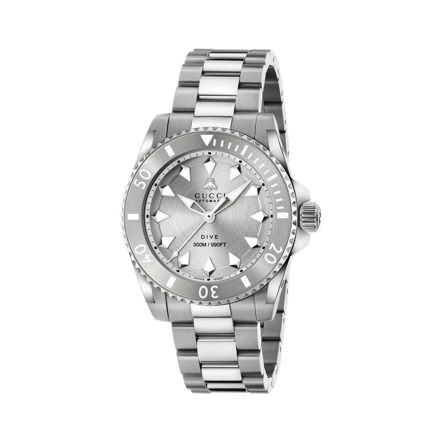 Gucci Dive 40 mm steel case, silver dial, grey bezel, steel bracelet, screw-down crown and case back YA136354