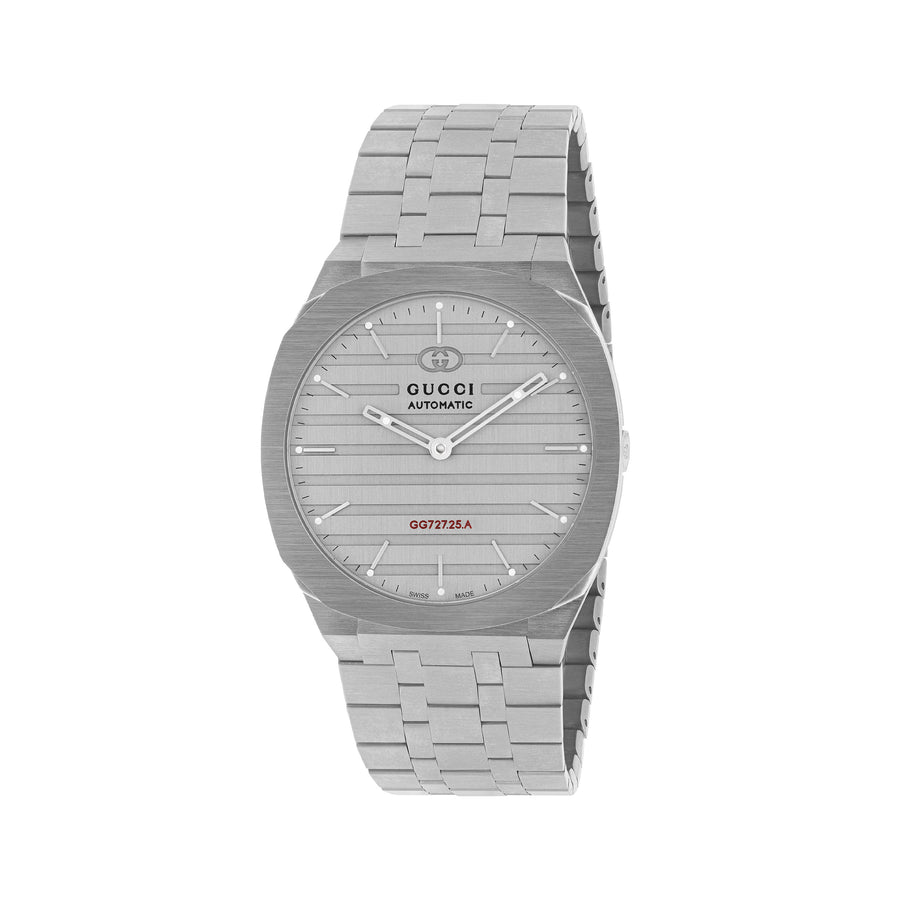 Gucci 25H 40mm stainless steel multi layered case, heavy brushed grey dial with red GG727.25.A caliber engraving, five links stainless steel bracelet YA163302