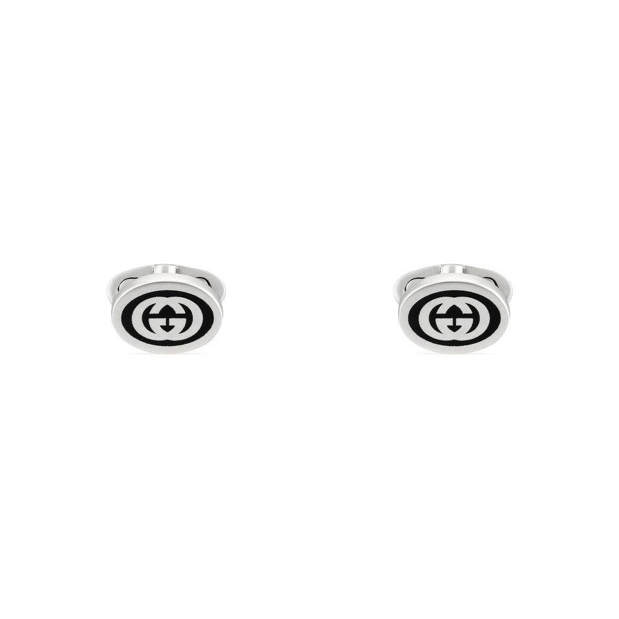 Cufflinks in sterling silver and black enamel with interlocking g detail ybe681283001