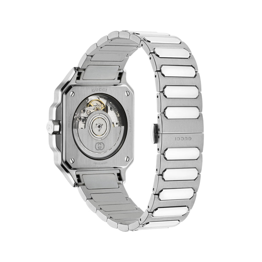 G-Flat 36mm stainless steel case, Black opaline dial with with roman indexes at 12 and 6 o’ clock and date at 3 o'clock, Stainless steel bracelet YA166401