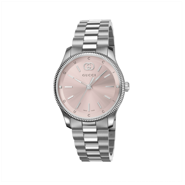 G-Timeless 29 mm stainless steel case, pink dial with two diamonds, and Gucci lettering, stainless steel bracelet YA1265061