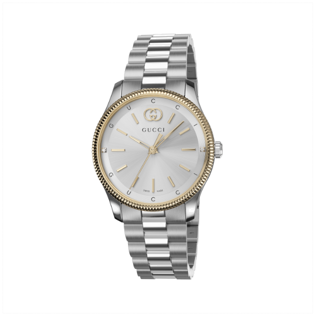 G-Timeless 29 mm stainless steel case with gold-plated bezel, silver dial with diamonds and and Gucci lettering, stainless steel bracelet YA1265063