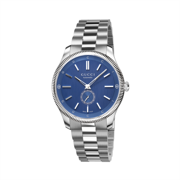 G-Timeless 40 mm stainless steel case, blue dial with and Gucci lettering, small seconds display, stainless steel bracelet YA126389