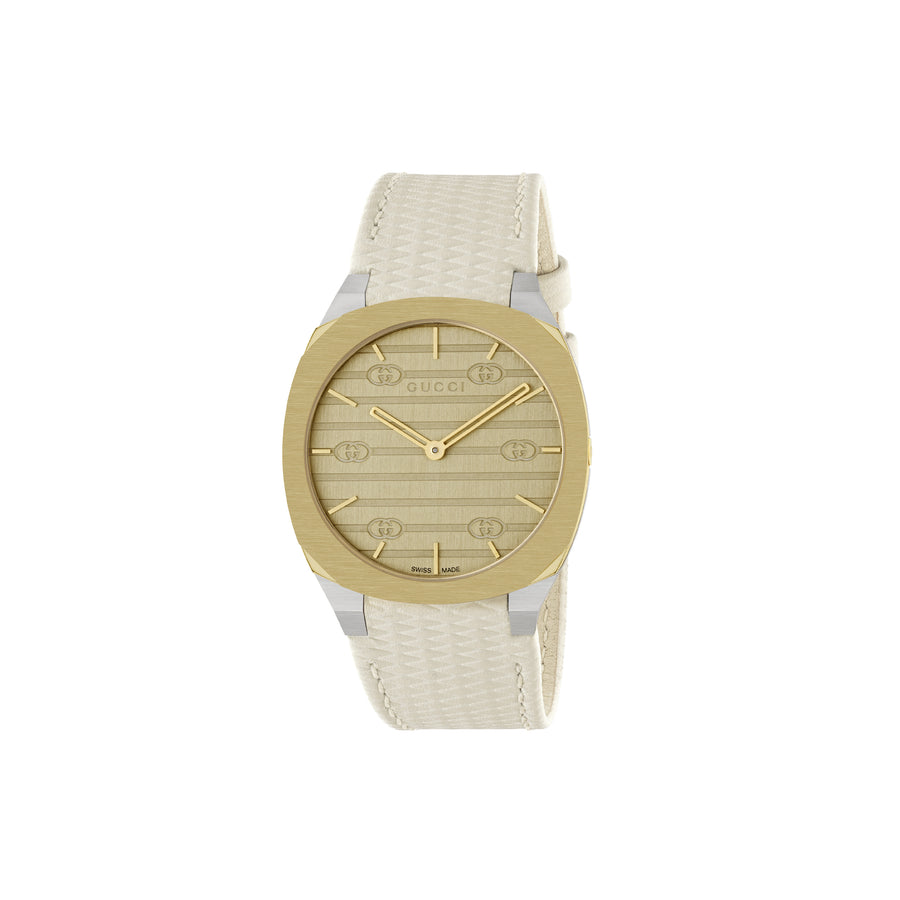 Gucci 25H 34 mm stainless steel and 18 Kt yellow gold plated multi layered case, golden brass dial with GG, white leather strap YA163416