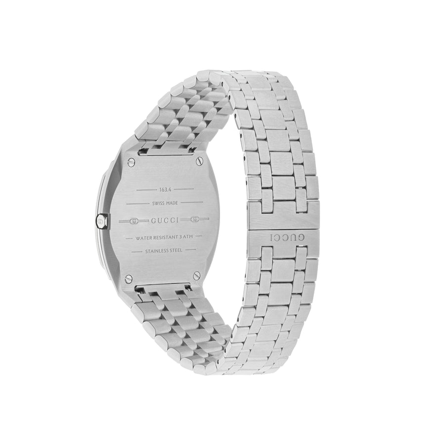 Gucci 25H 34mm stainless steel multi layered case, silver brass dial with GG, five links stainless steel bracelet YA163402