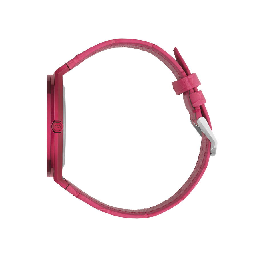 Gucci 25H 40 mm red aluminum multi layered case, red brass dial, five llinks red alligator leather bracelet  YA163326