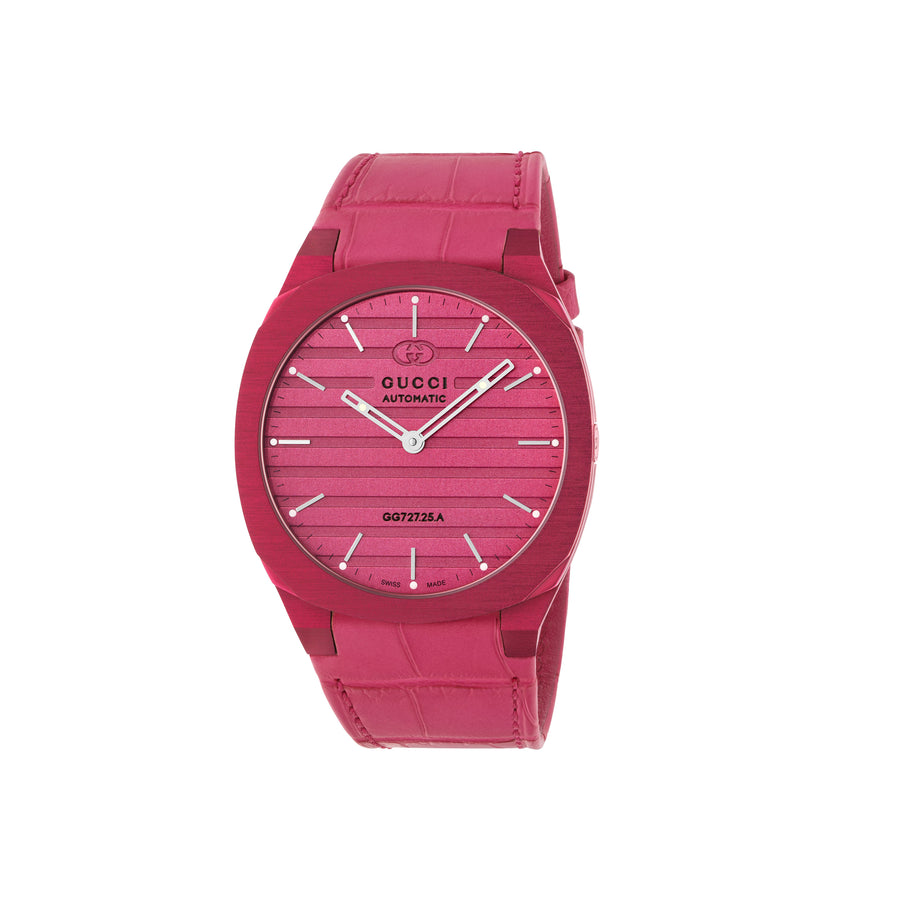 Gucci 25H 40 mm red aluminum multi layered case, red brass dial, five llinks red alligator leather bracelet  YA163326