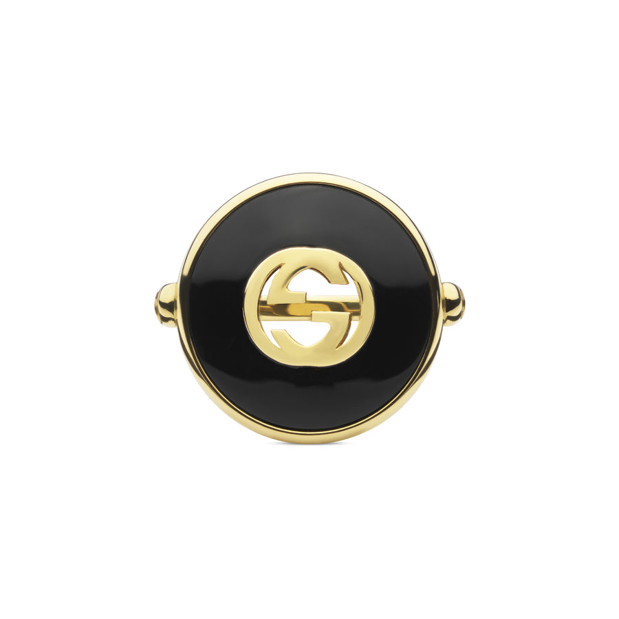 Gucci Interlocking Ring in yellow gold, onyx and diamond YBC786604001