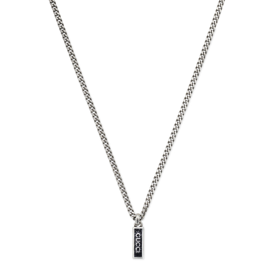 Gucci Tag Necklace with Gucci script pendant in sterling silver and black enamel YBB678714003