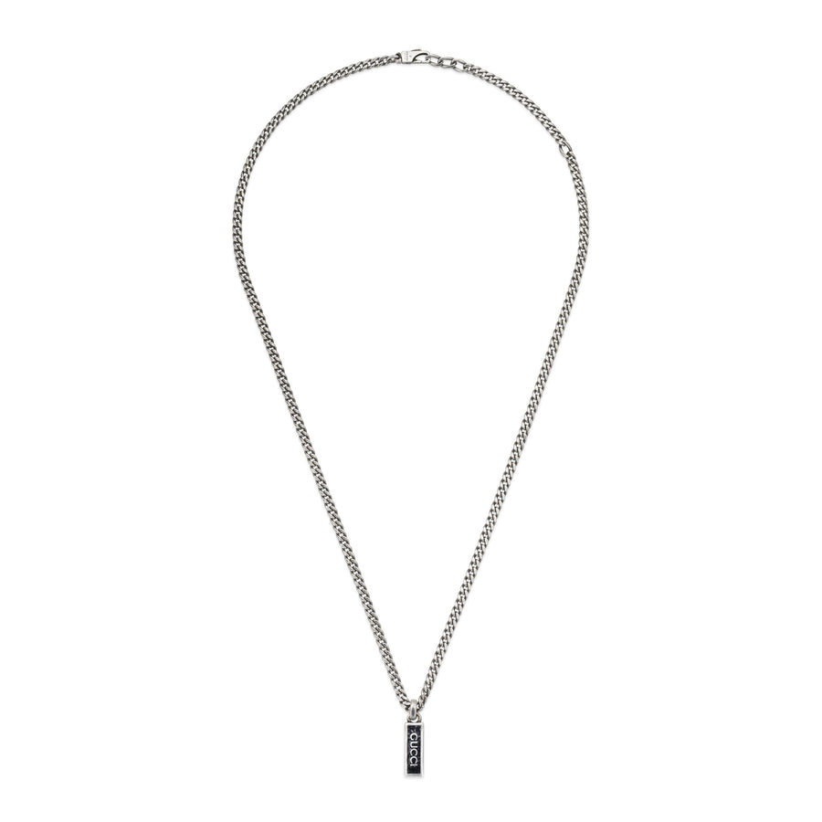 Gucci Tag Necklace with Gucci script pendant in sterling silver and black enamel YBB678714003