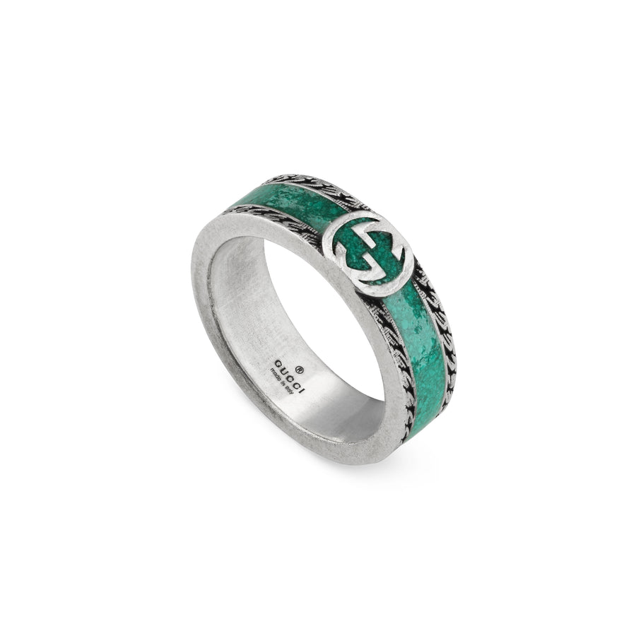 Interlocking G Ring with motif in sterling silver and turquoise enamel YBC645573001