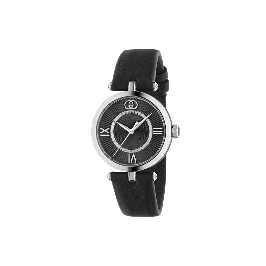 Model 2000 30mm stainless steel case, Black guillochè dial, black resin stripes on the case side, Black leather strap YA167505