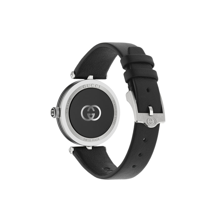 Model 2000 30mm stainless steel case, Black guillochè dial, black resin stripes on the case side, Black leather strap YA167505