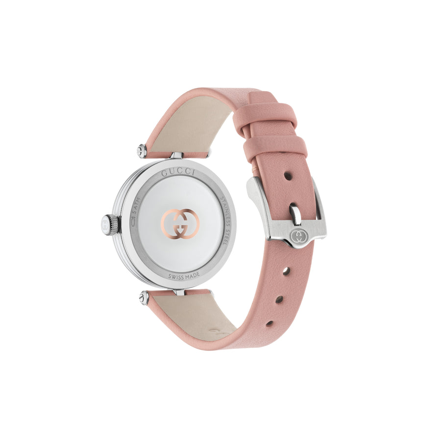 Model 2000 30mm stainless steel case, Silver guillochè dial, white resin stripes on the case side, roman indexes and detail, Pink leather strap YA167506