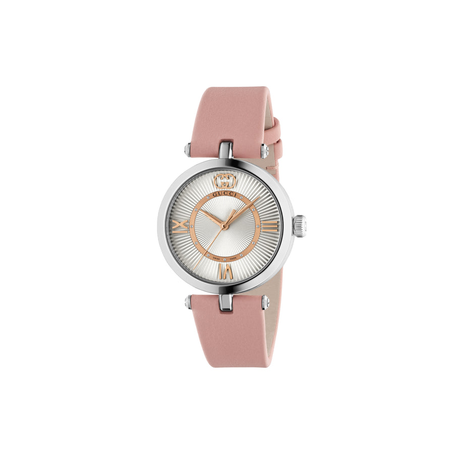 Model 2000 30mm stainless steel case, Silver guillochè dial, white resin stripes on the case side, roman indexes and detail, Pink leather strap YA167506