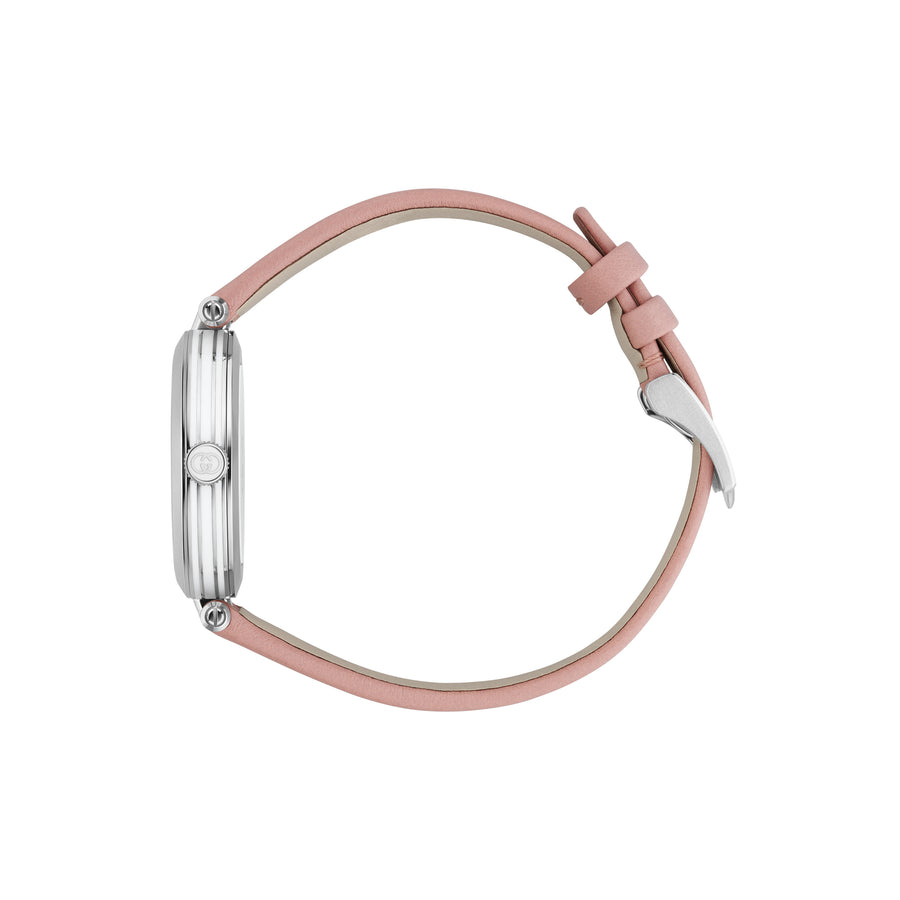 Model 2000 30mm stainless steel case, Silver guillochè dial, white resin stripes on the case side, roman indexes and detail, Pink leather strap YA167506