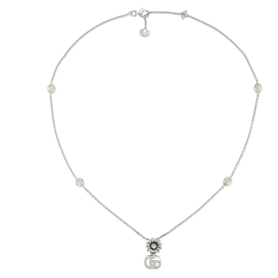 GG Marmont Necklace in sterling silver and mother of pearl with Double G and flower pendant  YBB773231001