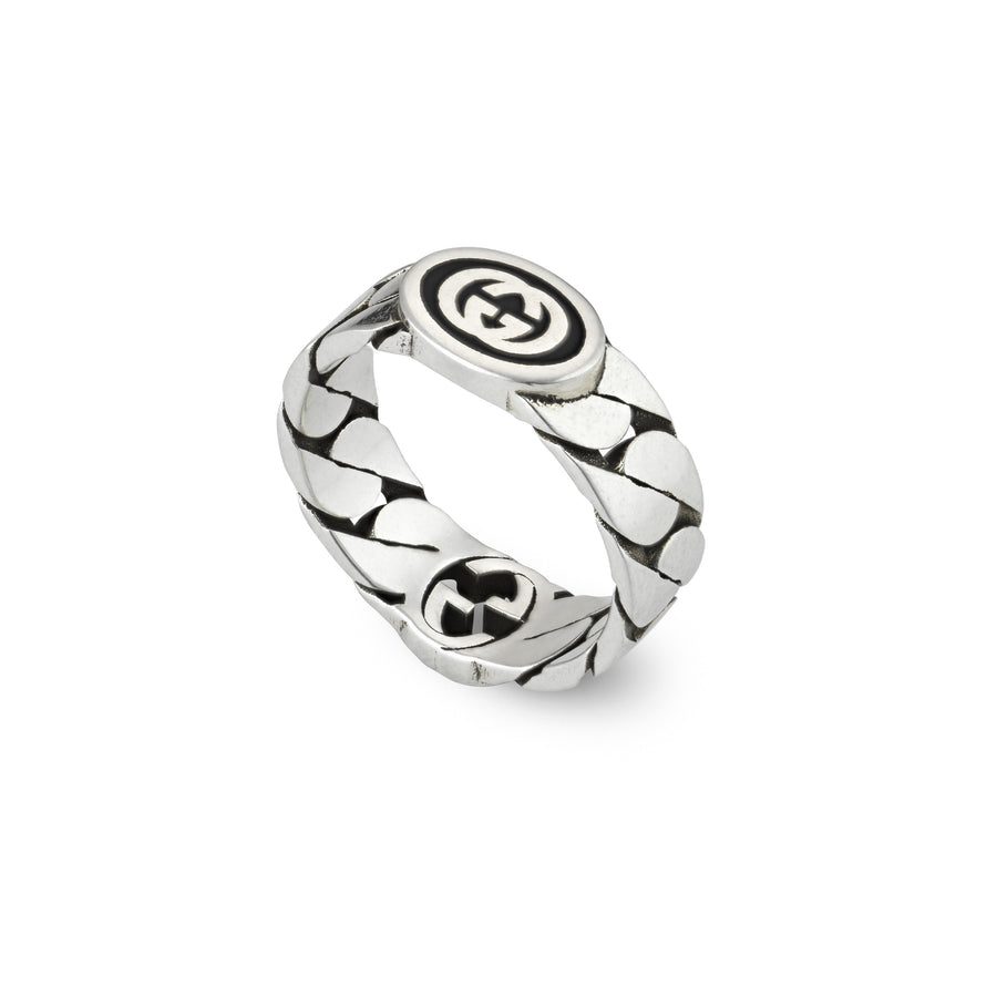 Interlocking G Ring in sterling silver and black enamel with detail_large YBC678656001