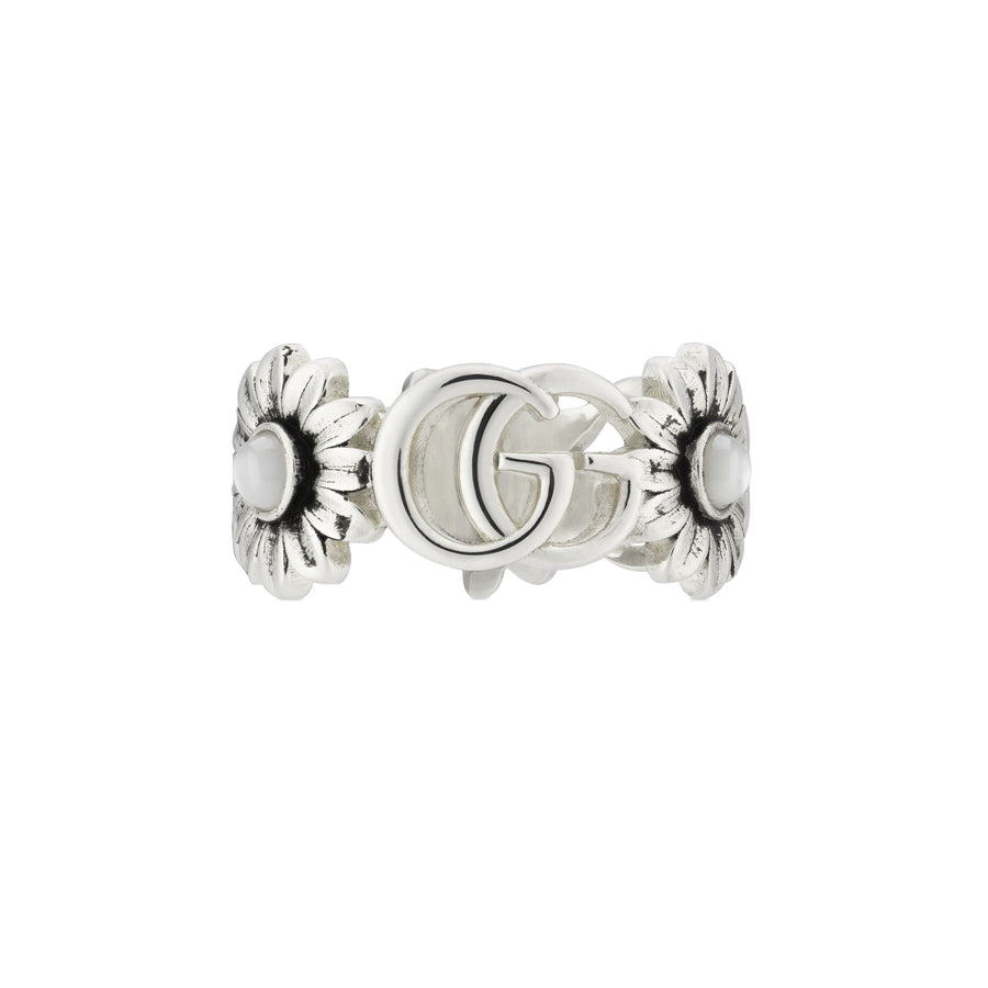 GG Marmont Ring in sterling silver and mother of pearl with Double G and flower details  YBC527394003