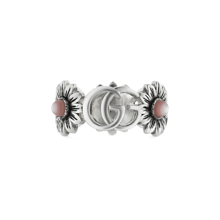 GG Marmont Ring with Double G and flower motif in sterling silver and pink mother of pearl YBC527394002