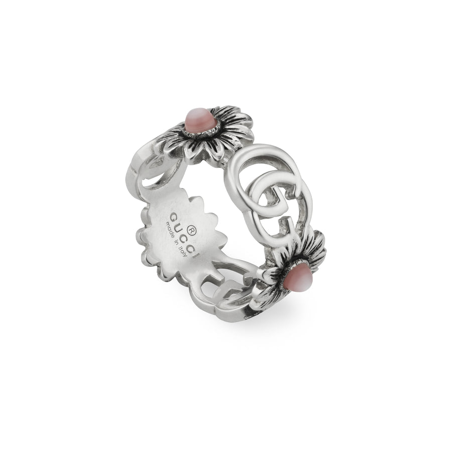 GG Marmont Ring with Double G and flower motif in sterling silver and pink mother of pearl YBC527394002