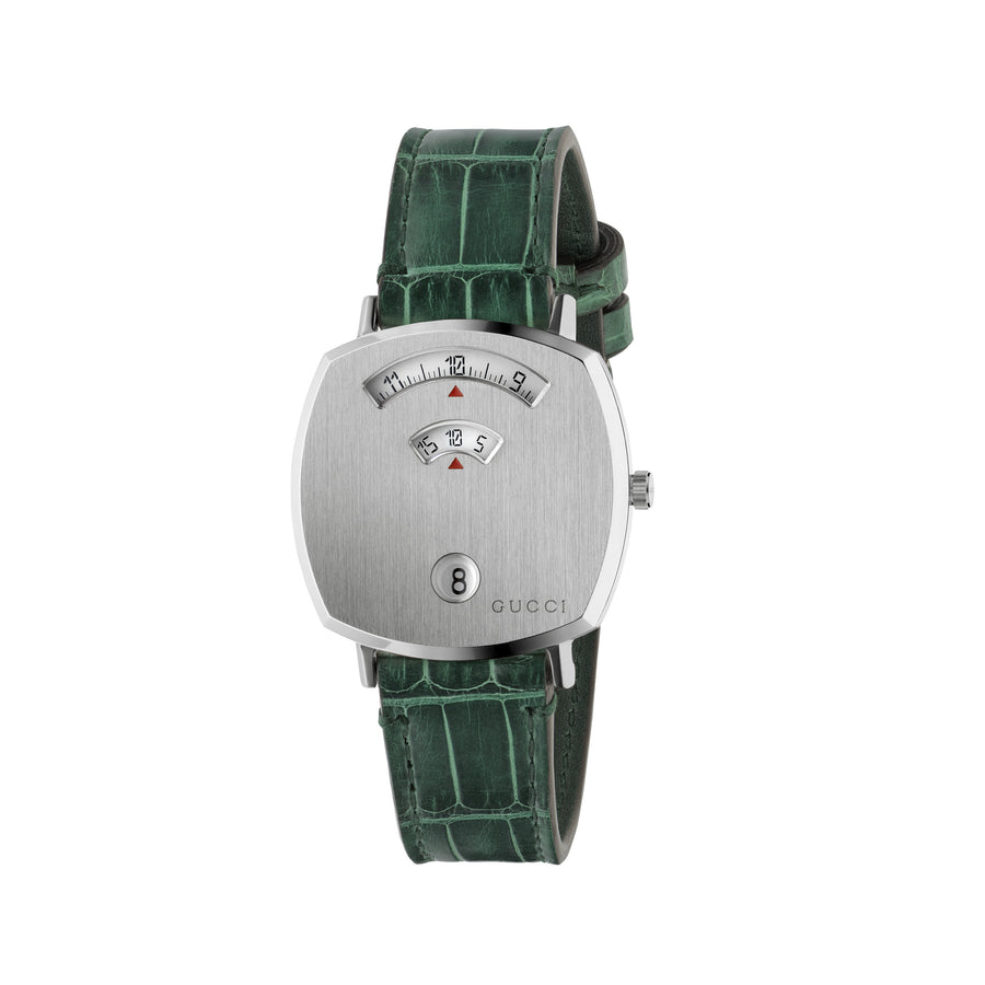 Grip Steel case, 3 windows indicating hour, minute & date, green alligator strap YA157404