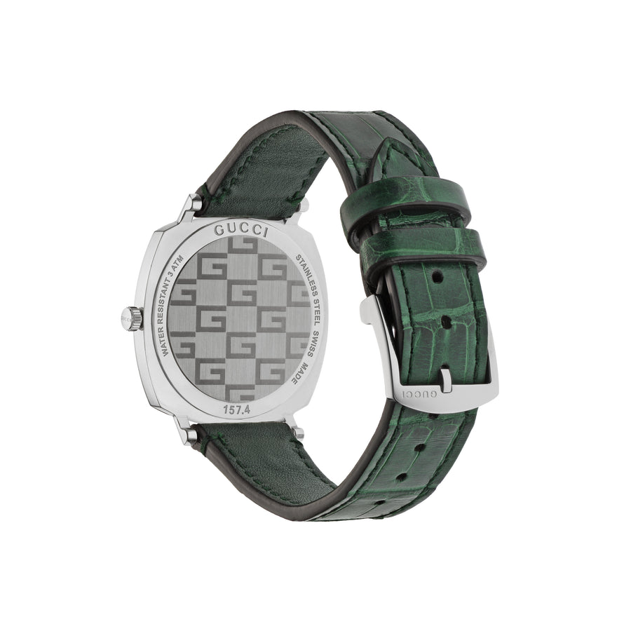 Grip Steel case, 3 windows indicating hour, minute & date, green alligator strap YA157404