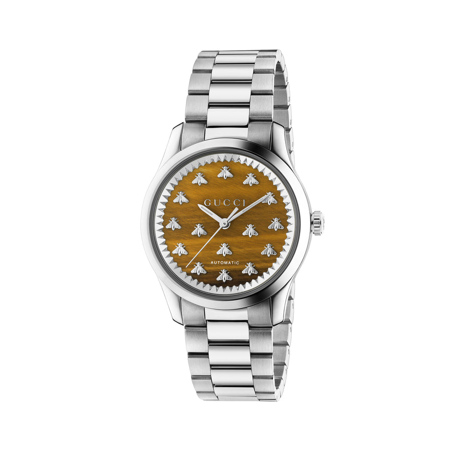 G-Timeless With Bee Motif Steel case, brown tiger eye stone dial with bees, steel bracelet YA1264177