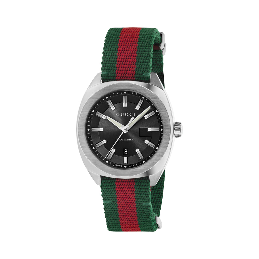 GG2570 Steel case, black sun-brushed dial, green-red-green web nylon strap YA142305