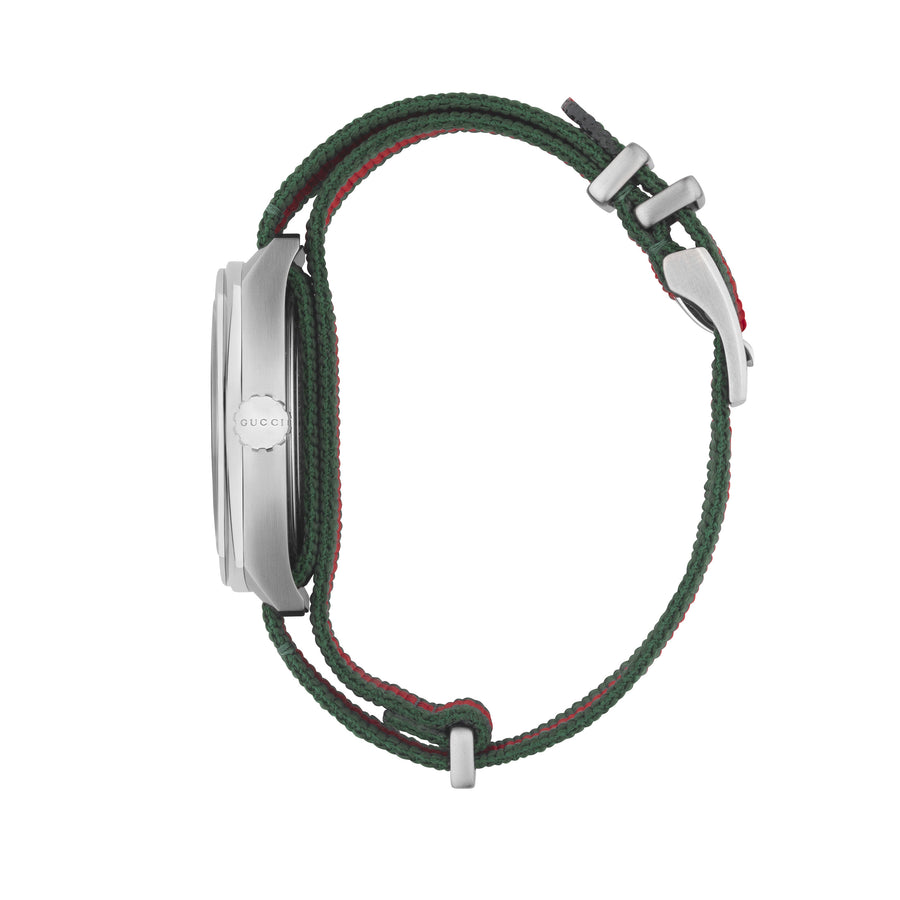 GG2570 Steel case, black sun-brushed dial, green-red-green web nylon strap YA142305