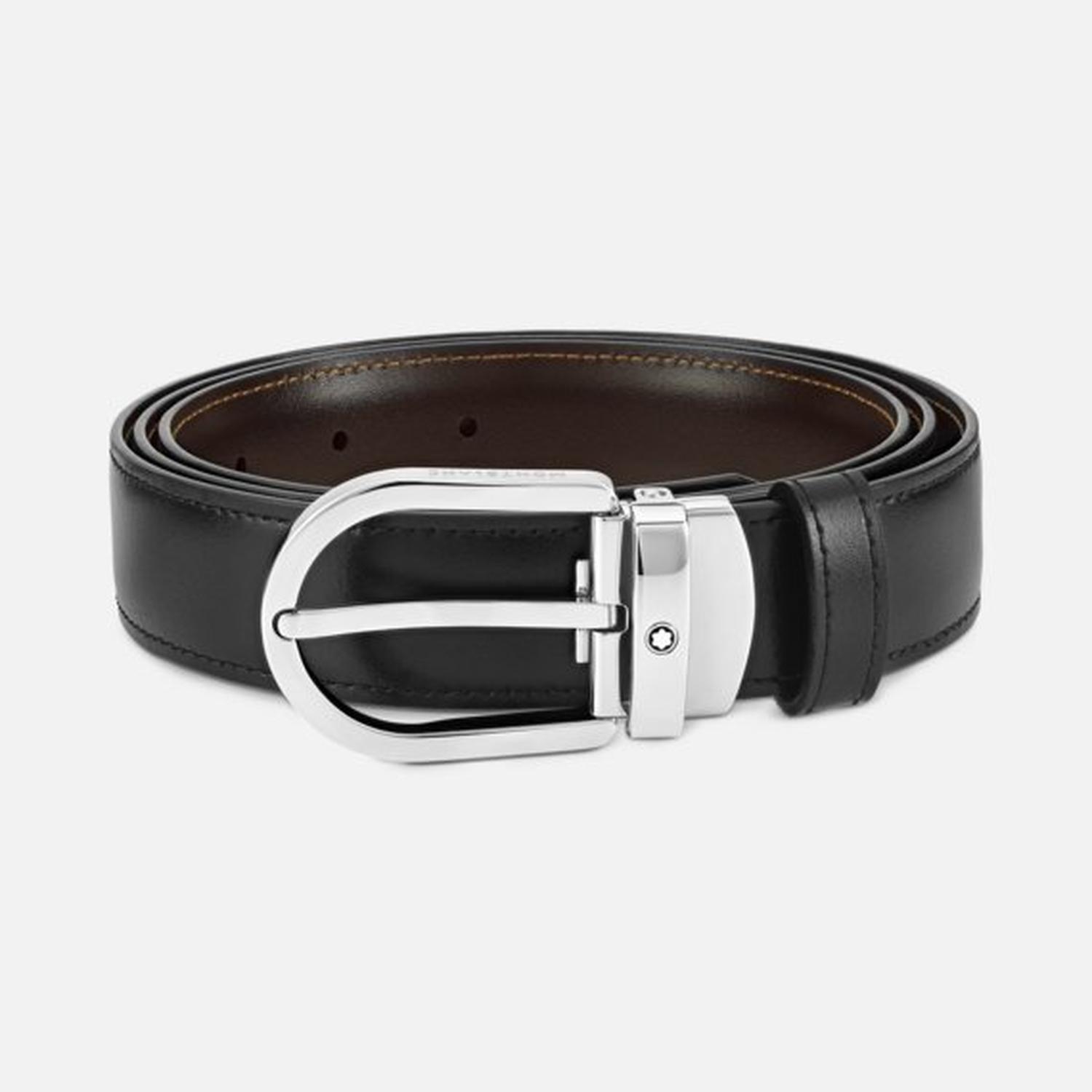 Mont Blanc - 128135 - Cintura reversibile in pelle nera/marrone 30 mm con fibbia a ferro di cavallo